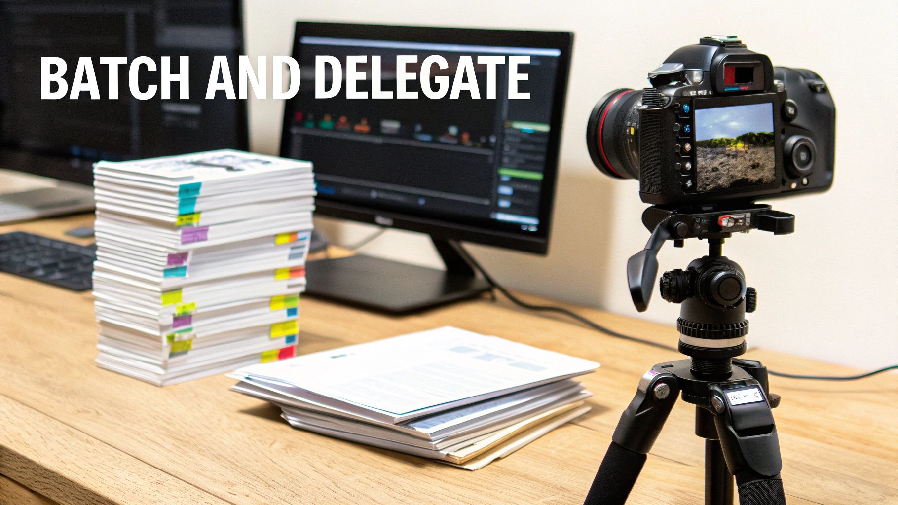 A desk with stacked papers, a computer monitor, and a camera on a tripod, illustrating efficient workflow.