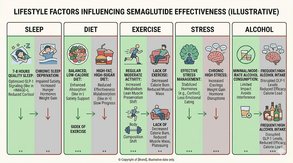 Lifestyle factors affecting semaglutide weight loss results including diet exercise sleep and stress
