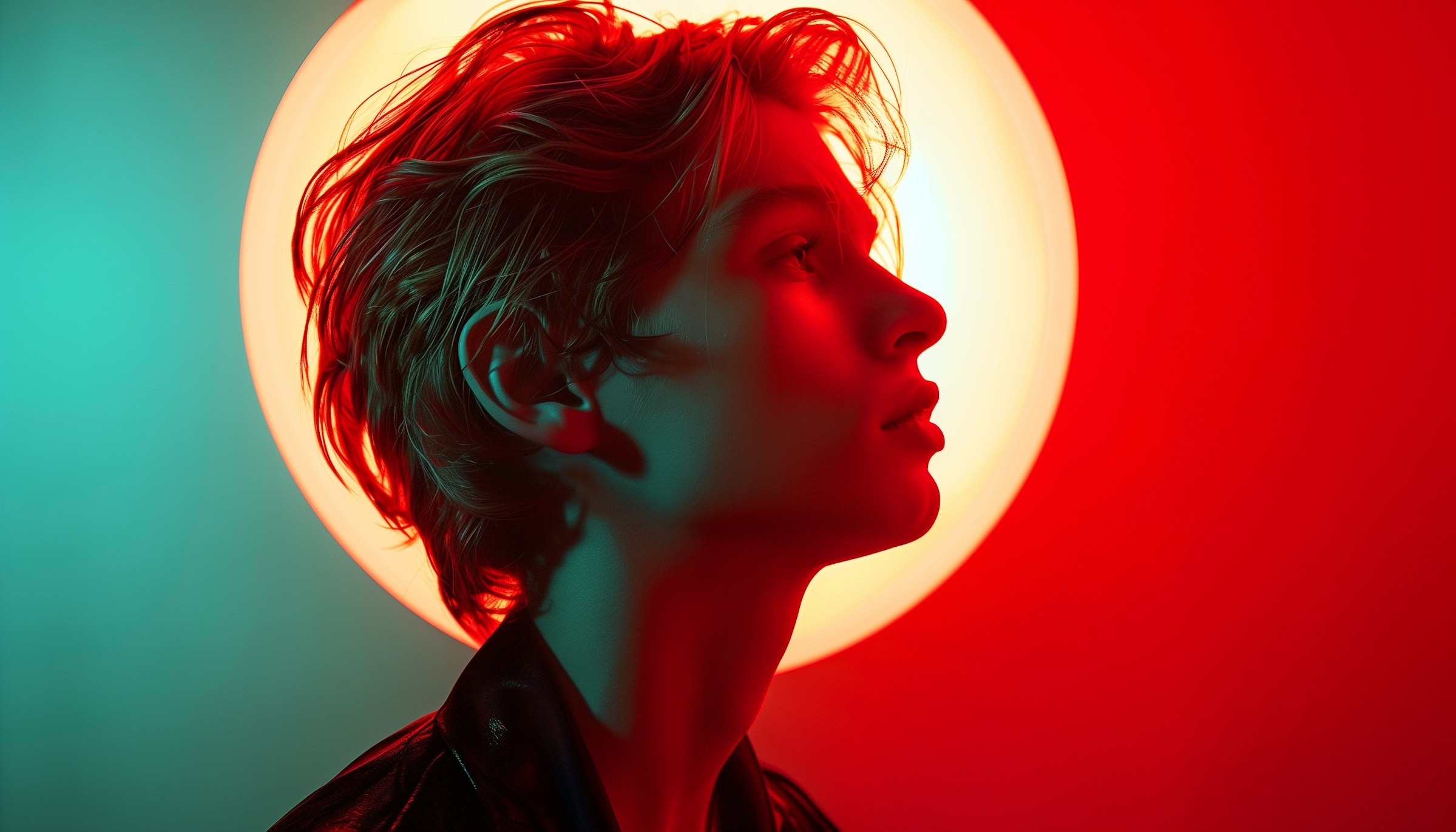 The image features a human subject in profile view, cast in vibrant contrasting hues. A dichotomy of warm reddish light illuminates one side of the person's face.