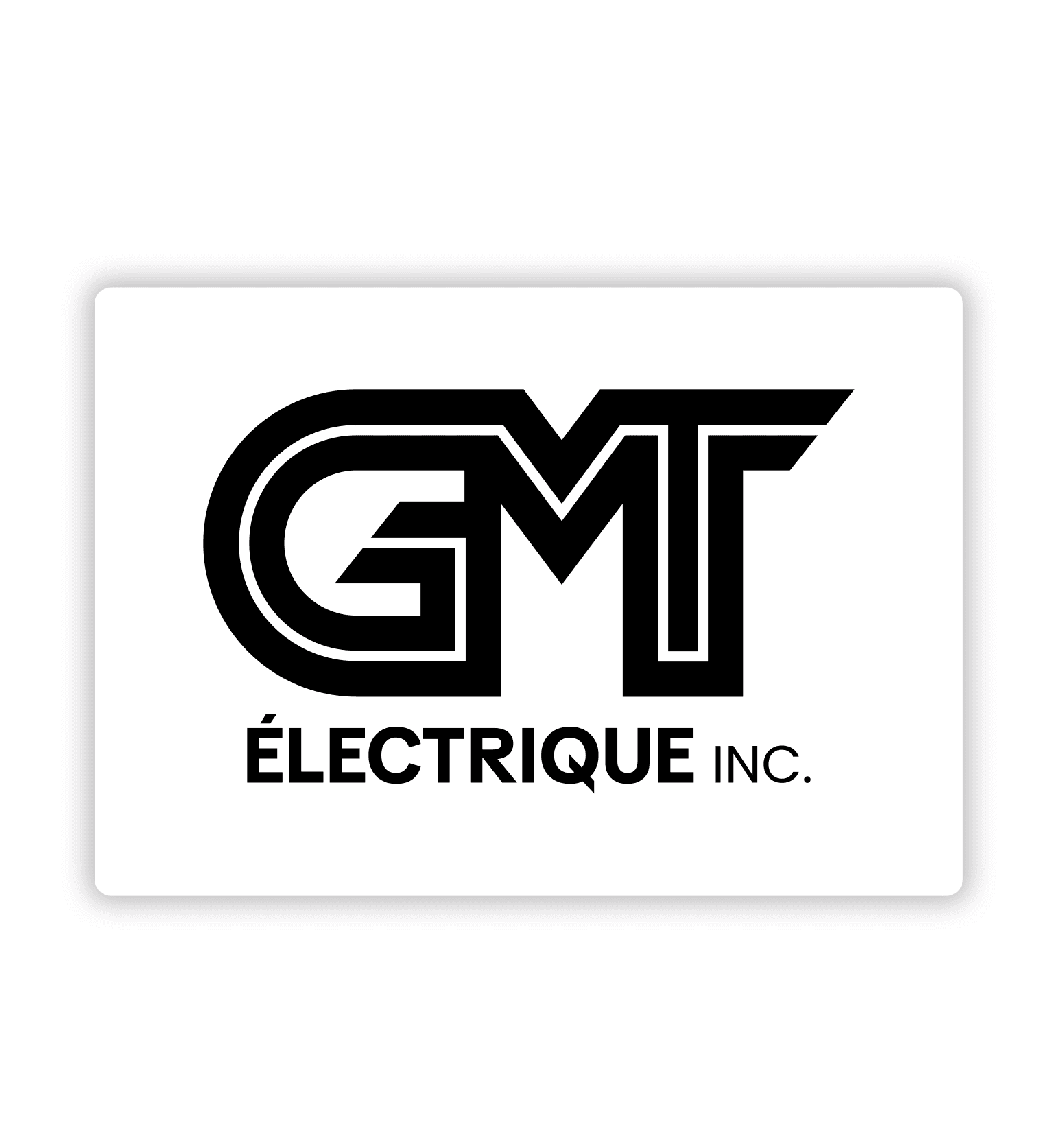 Logo de GMT Électrique Inc., présentant un monogramme imposant et stylisé où les lettres G, M et T sont entrelacées avec des lignes épaisses et un détail de contour blanc intérieur, surmontant le nom complet de l'entreprise en typographie sans-serif moderne.