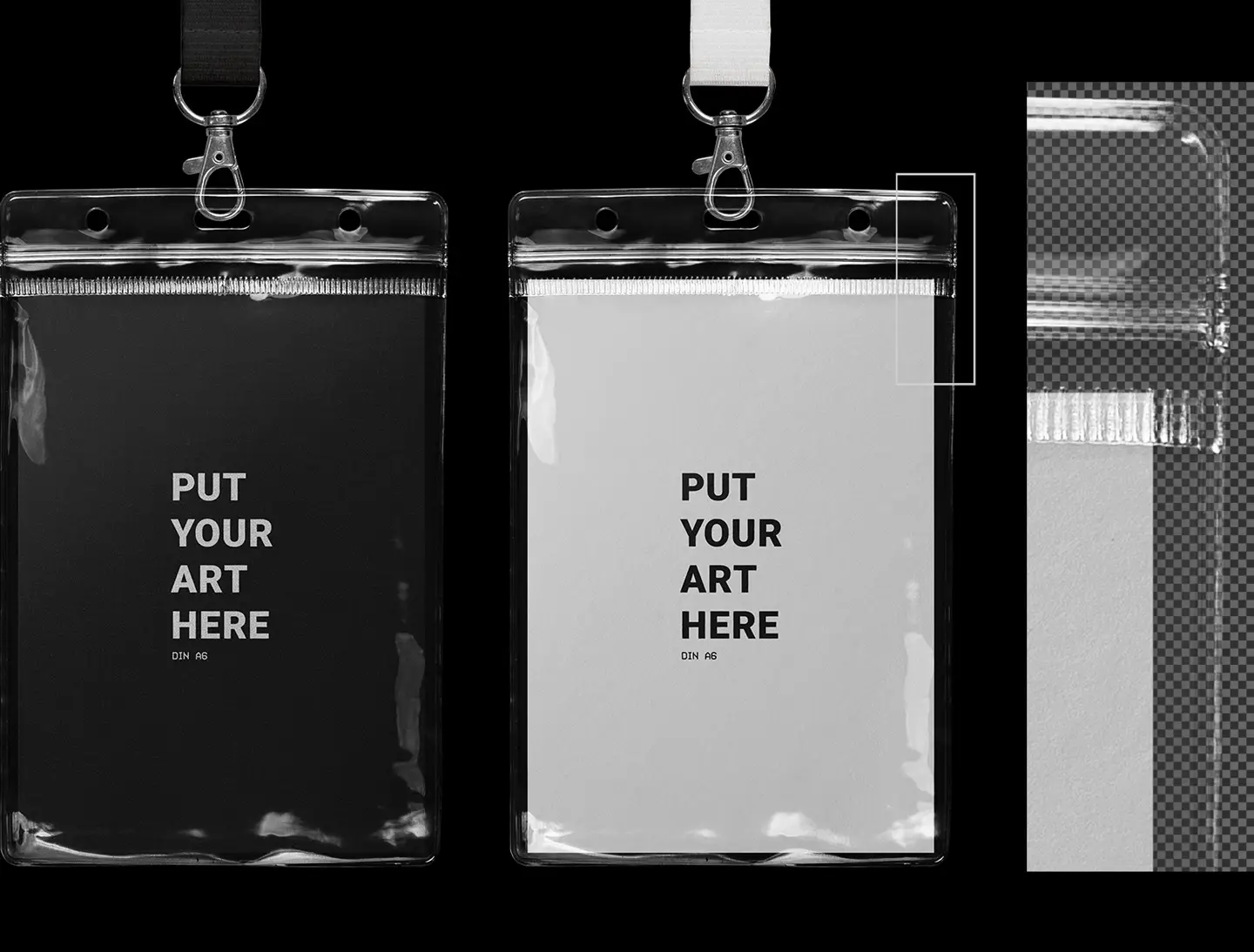 Close-up macro detail of the authentic plastic texture and lanyard strap within the Photoshop mockup