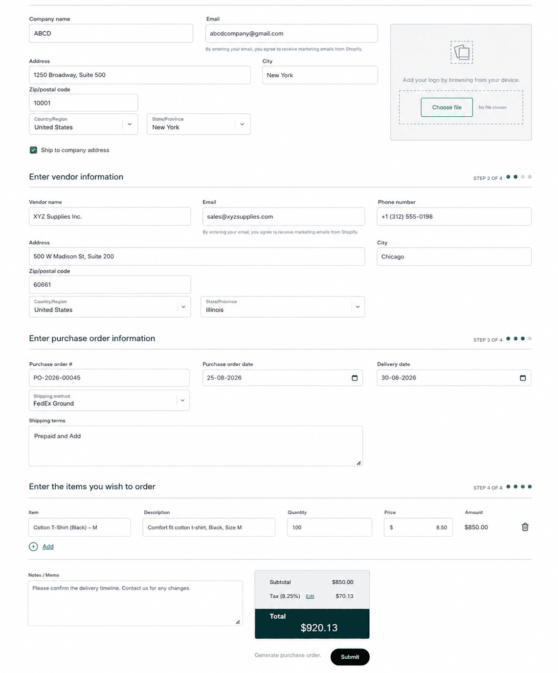 Shopify free retail purchase order template