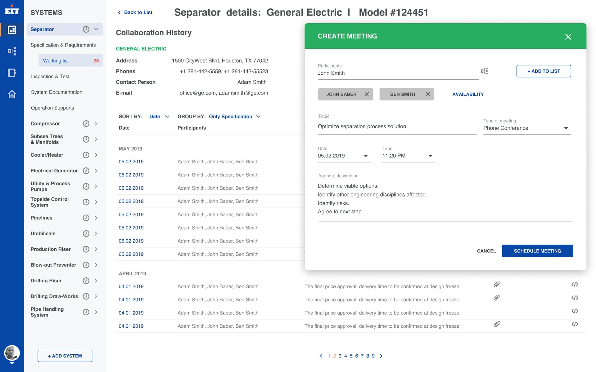 EIT, delivered design — Collaboration: A meeting scheduled from the specification, with the agenda attached.