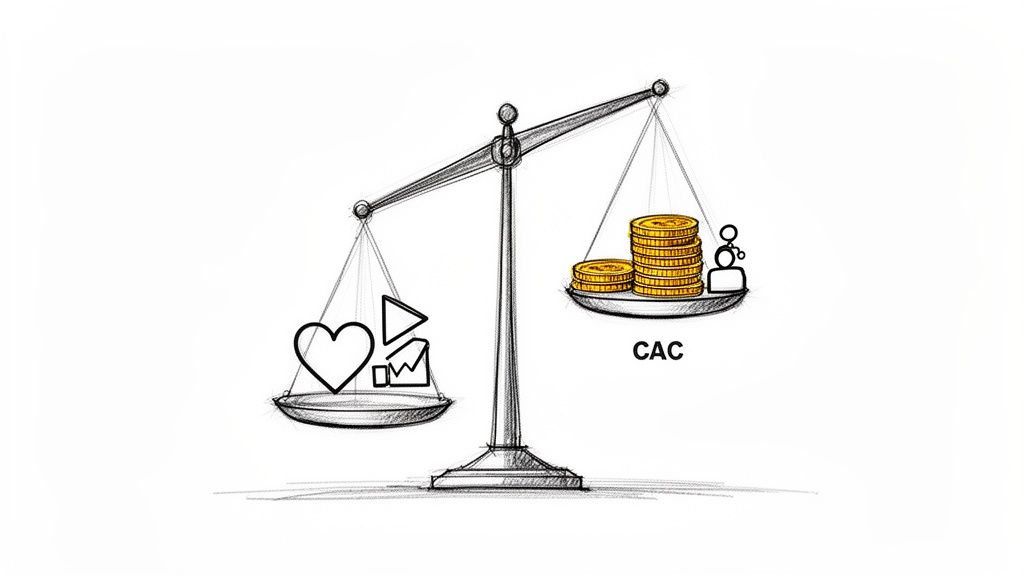 A balance scale illustrating customer acquisition cost (CAC) outweighing engagement and content icons.