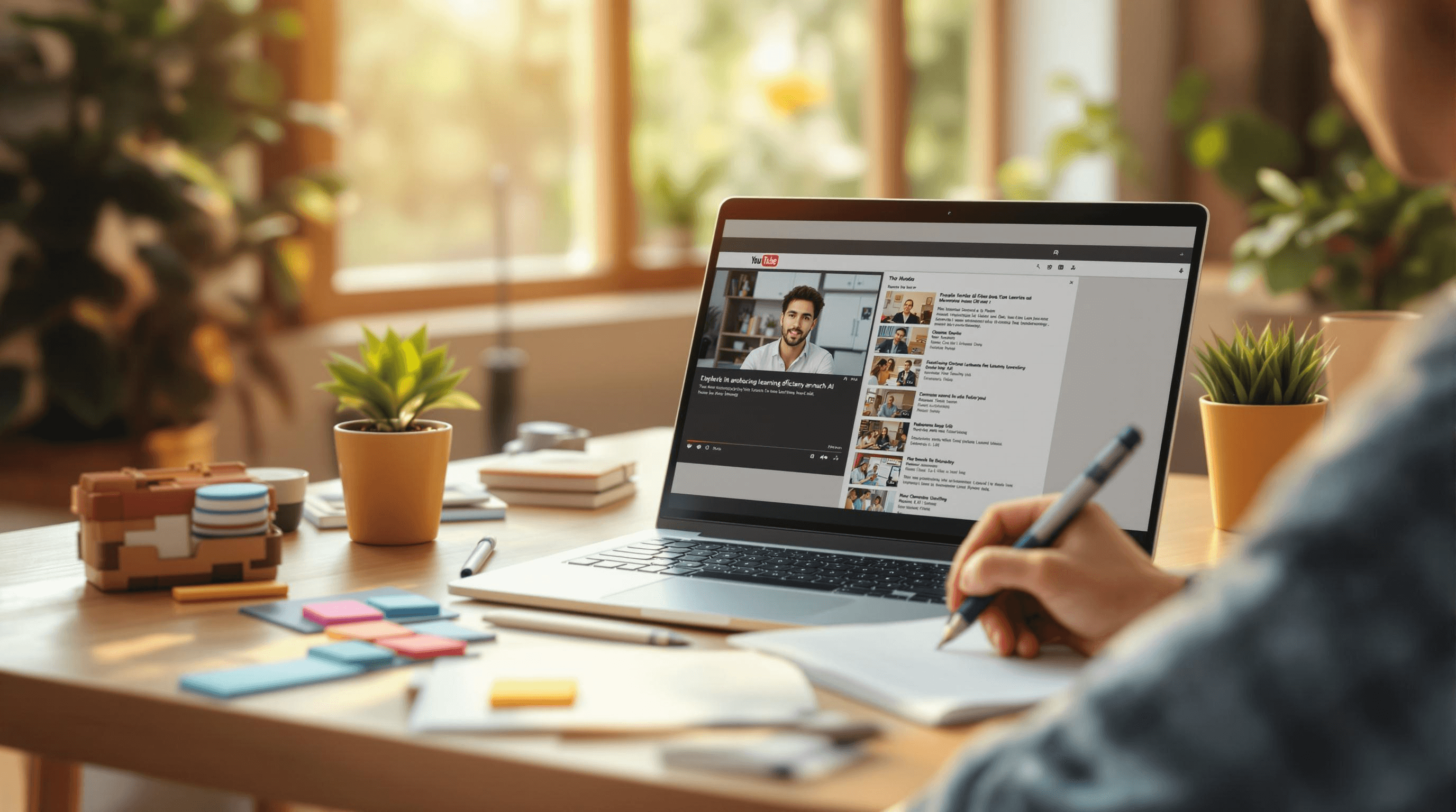 Man takes notes while watching YouTube - Best AI Tools To Summarize YouTube Videos