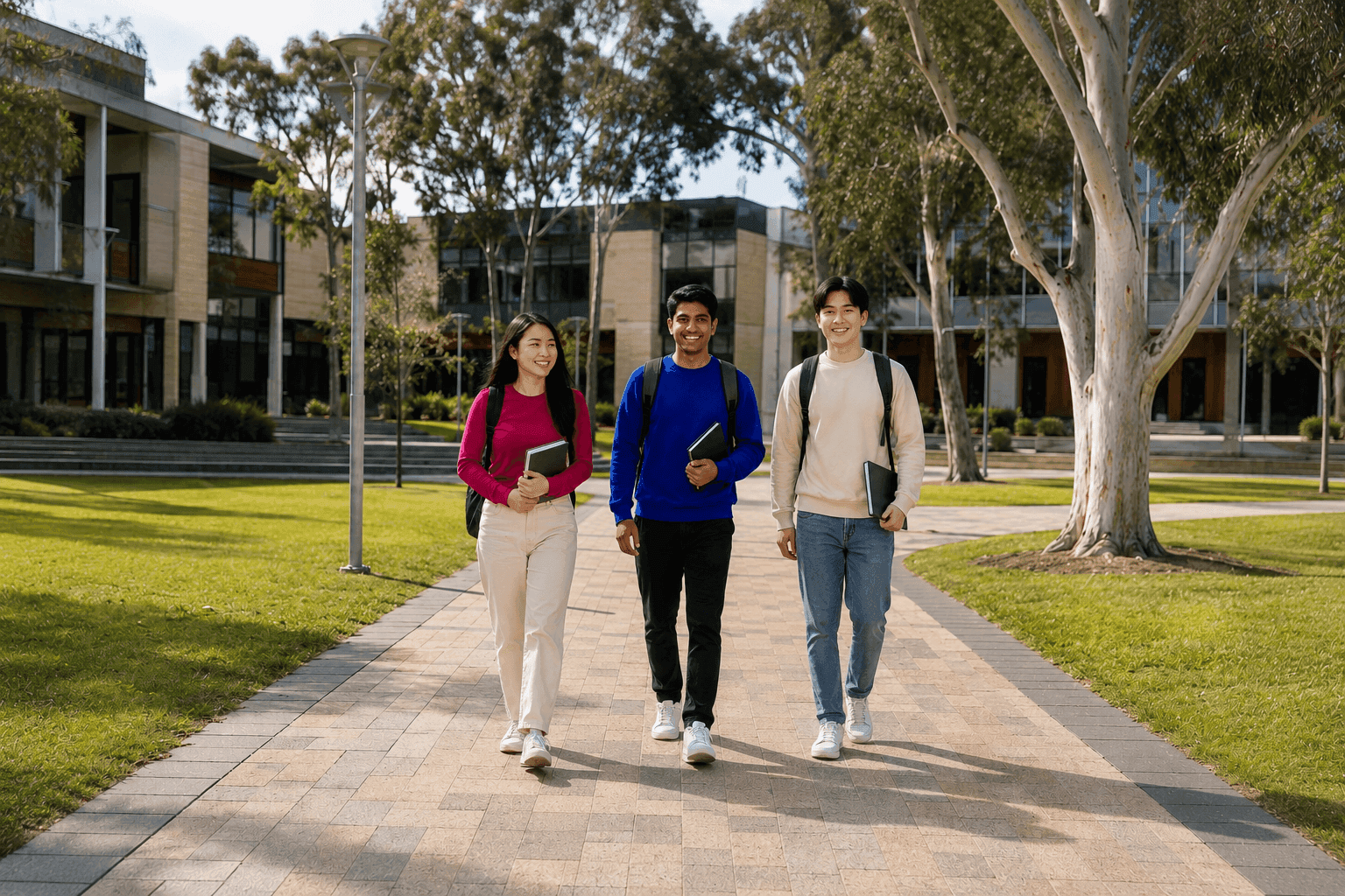 Students walking across a university campus