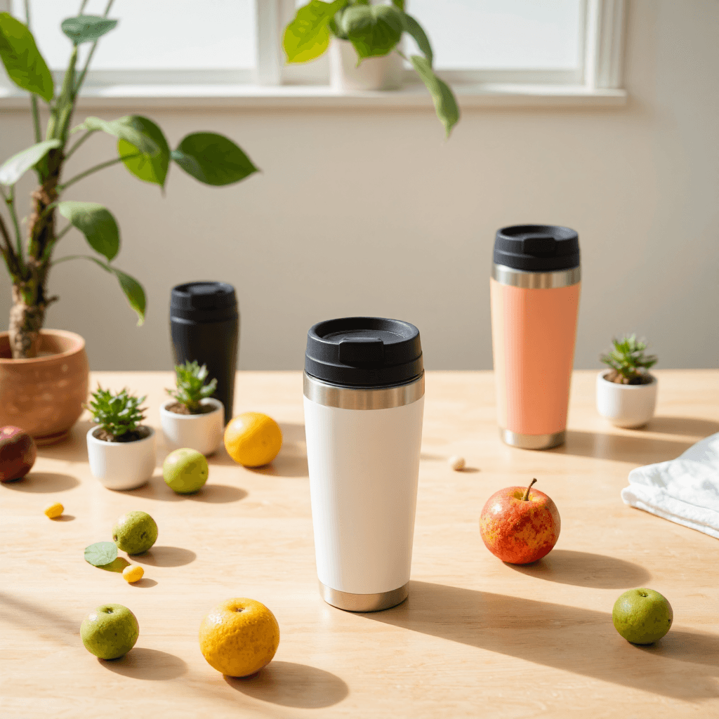 product photography of travel mugs