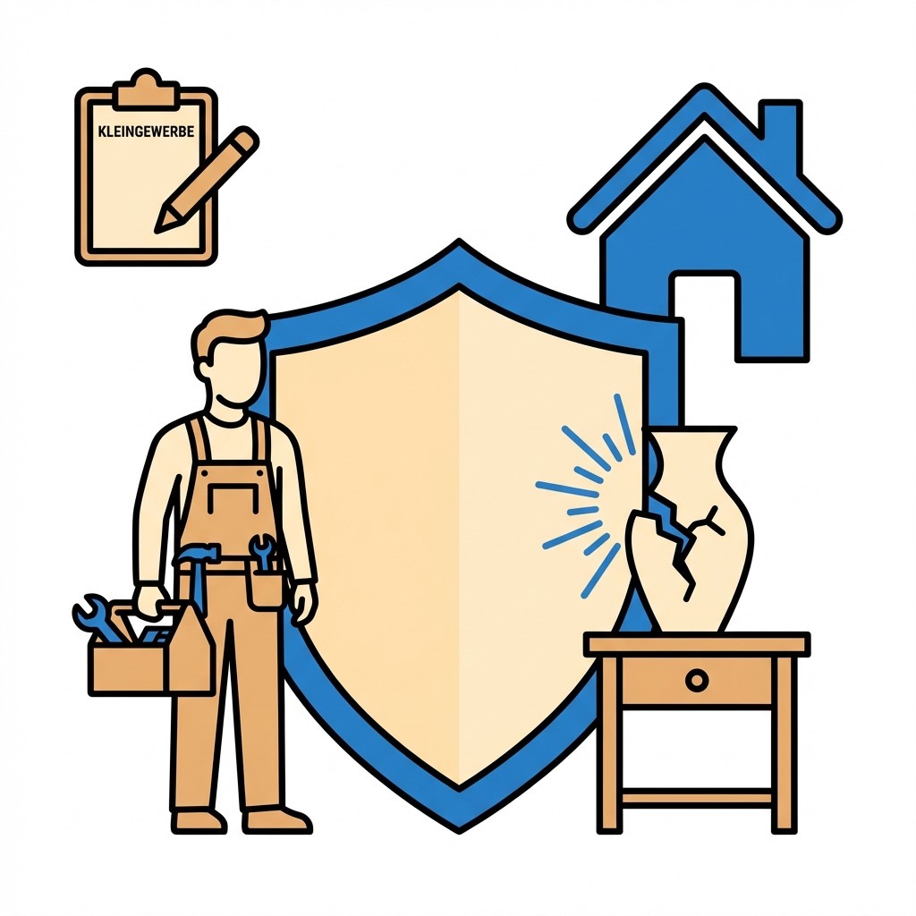 Schutzschild-Icon mit Laden, Fabrik und einem Haken, das eine Gewerbeversicherung oder Unternehmensschutz symbolisiert.