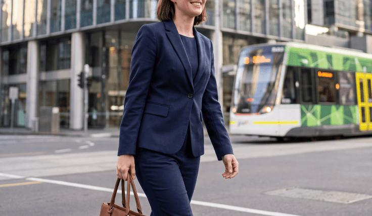 Woman wearing a tailored navy work suit in Melbourne CBD