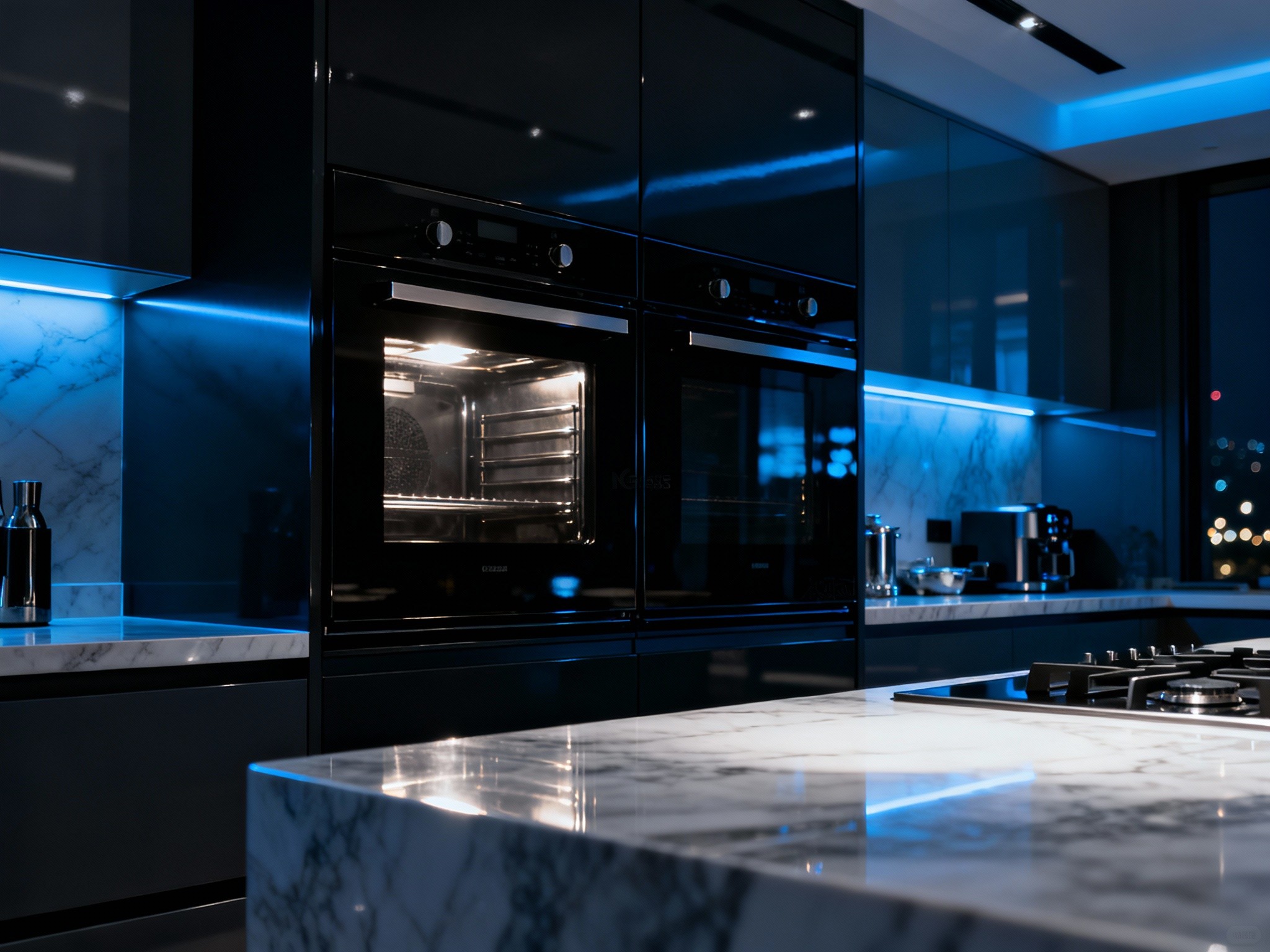 A contemporary luxury kitchen at night, spotlighting a glossy black double oven under dramatic