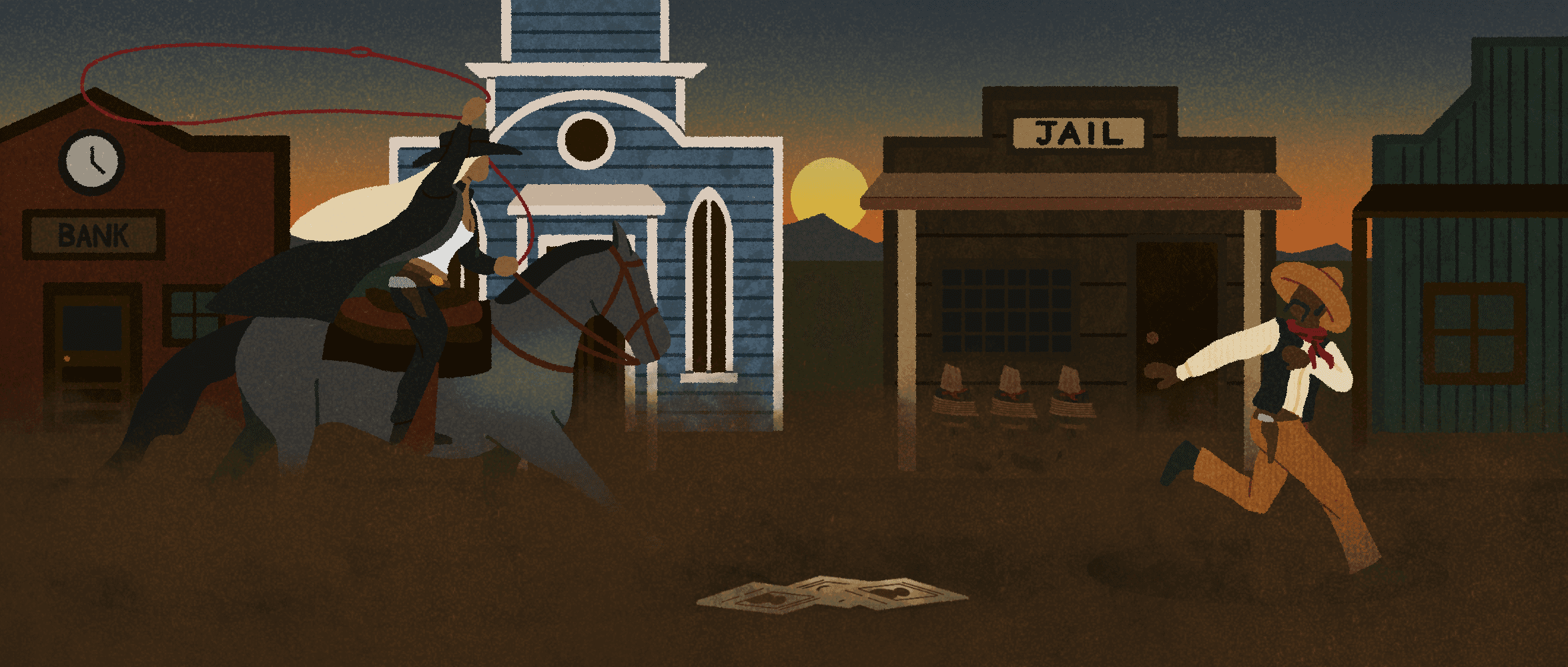 Illustration of a hangwoman chasing after a criminal with lasso raised high. Three other captives sit blindfolded in the background.