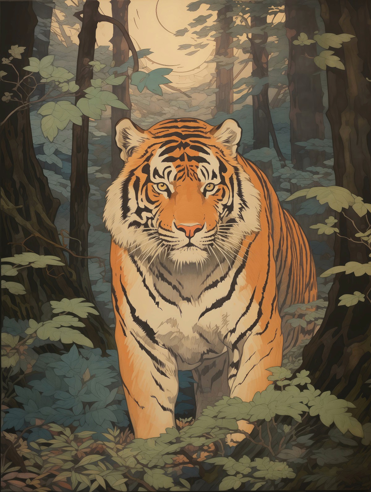 Folk Fable AI tiger woodblock print