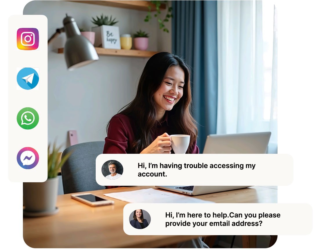 Smiling woman in burgundy sweater enjoying coffee at desk with laptop while responding to customer support chat about account access issues, with social media platform icons displayed on the side