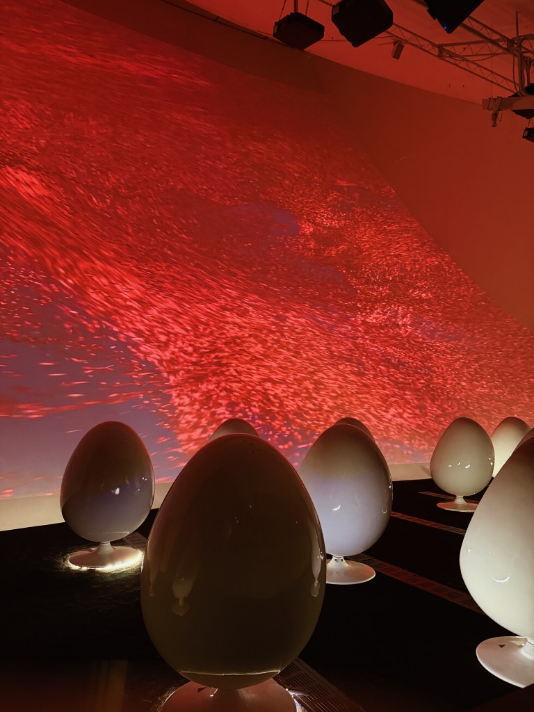 A modern art installation featuring white egg-shaped sculptures illuminated on a dark floor, with a dynamic red projected background.