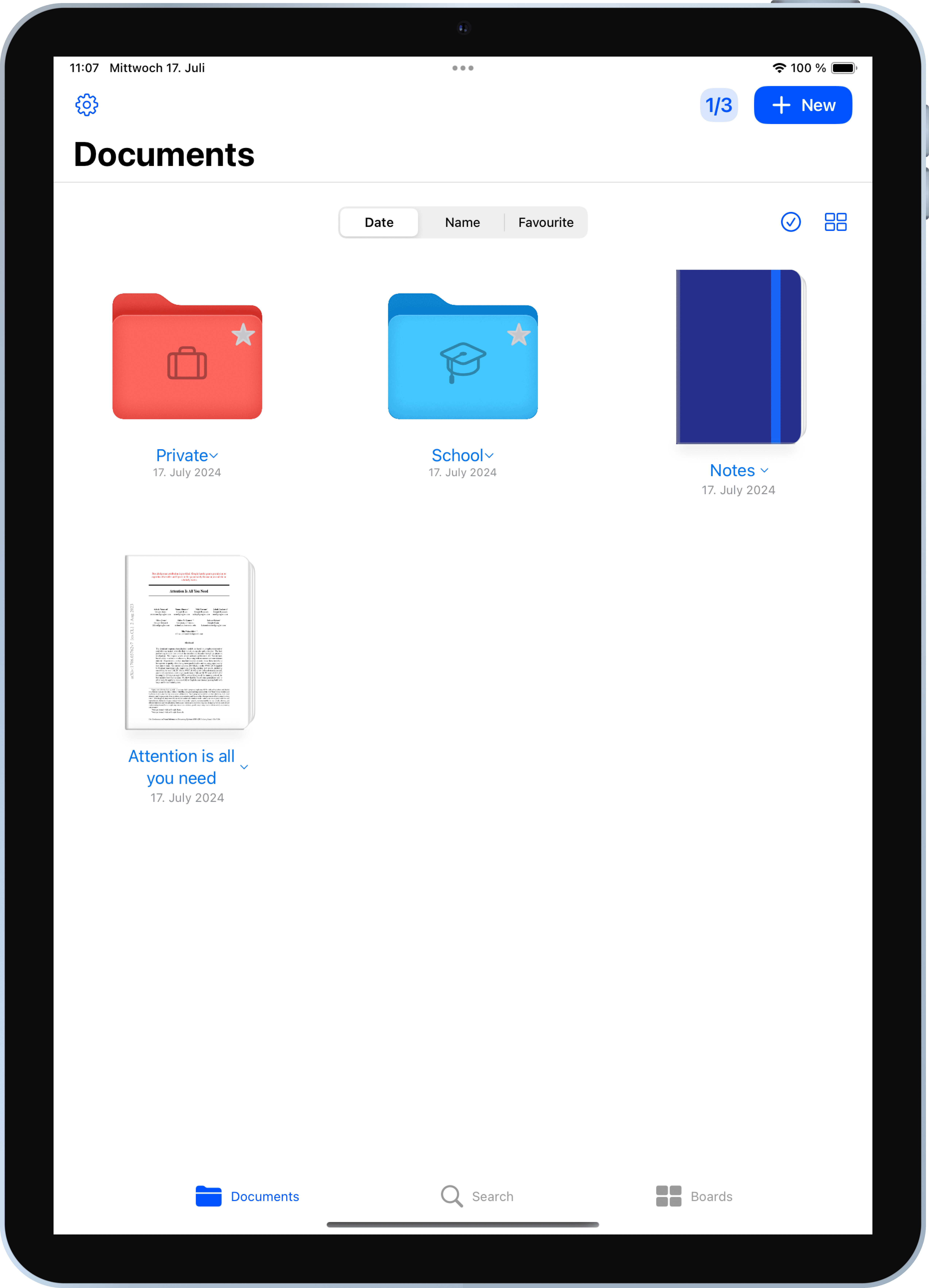 iPad showing the documents tab of Oneboard