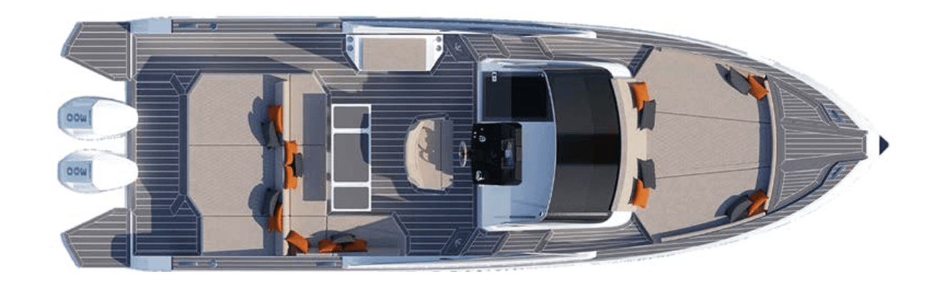 Vue de dessus d'un bateau aux couleurs bleu et gris, avec des sièges et un moteur.