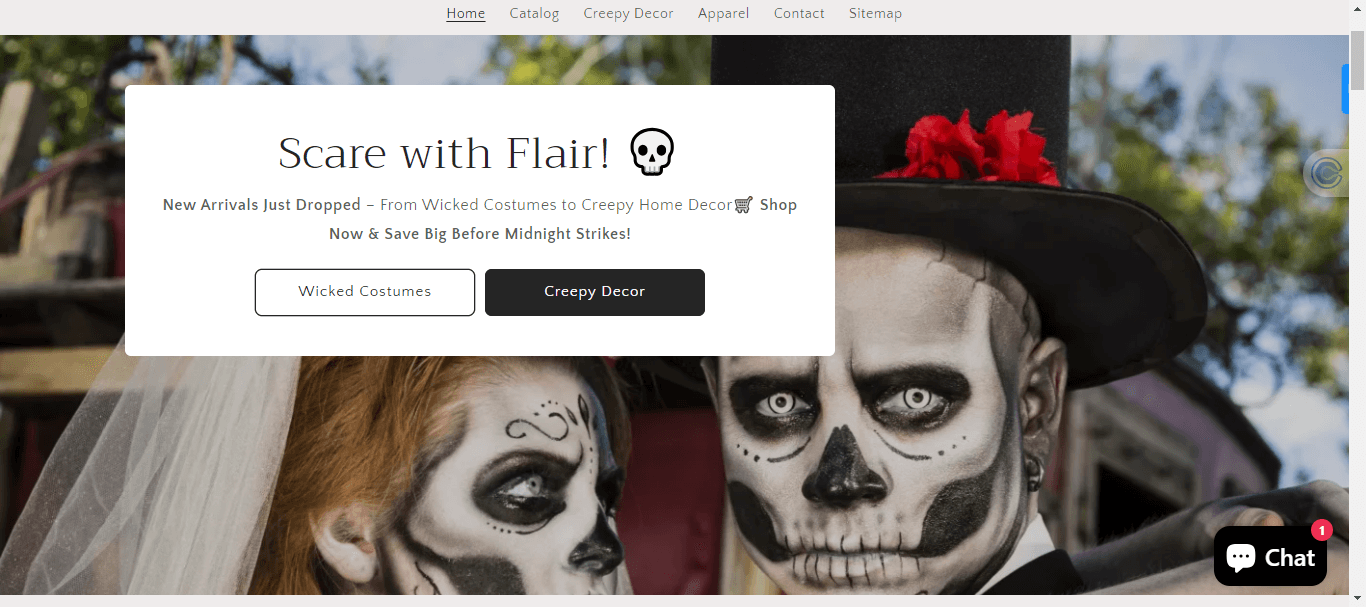 Banner showcasing Halloween-themed promotion with the tagline 'Scare with Flair!' featuring two people in spooky face paint and costumes. The banner highlights new arrivals, including Wicked Costumes and Creepy Home Decor, with a call to shop now and save before midnight.