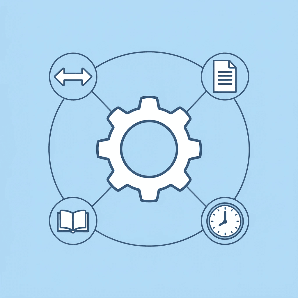 Central document icon surrounded by four separate tool icons (ChatGPT, notes, editor, tracking) connected by lines showing fragmentation