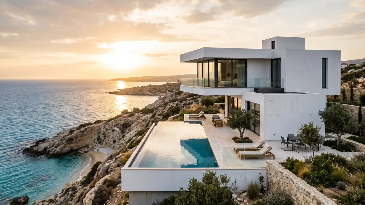 Minimalist white villa on a Mediterranean cliffside, architecture marketing Cyprus by TERAMOK