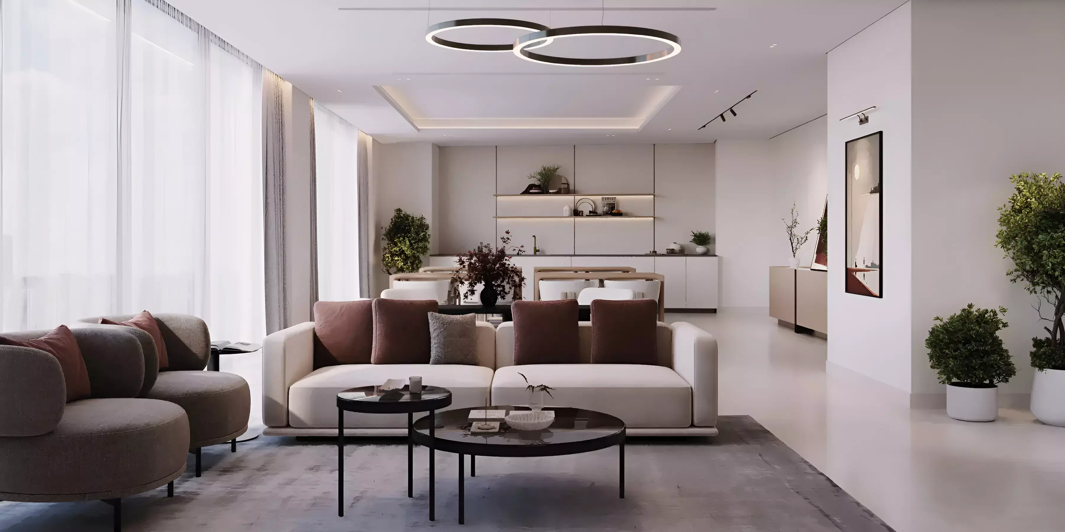 Elegant living room showcasing a large gold sculpture from Azizi Wares, blending modern art with contemporary decor.