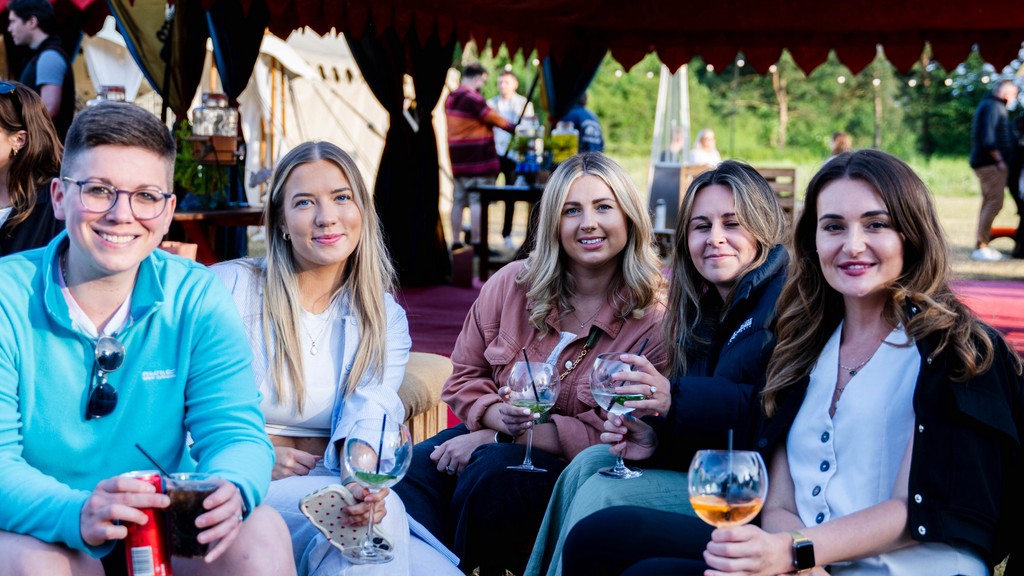 Colorful signage and banners throughout the venue