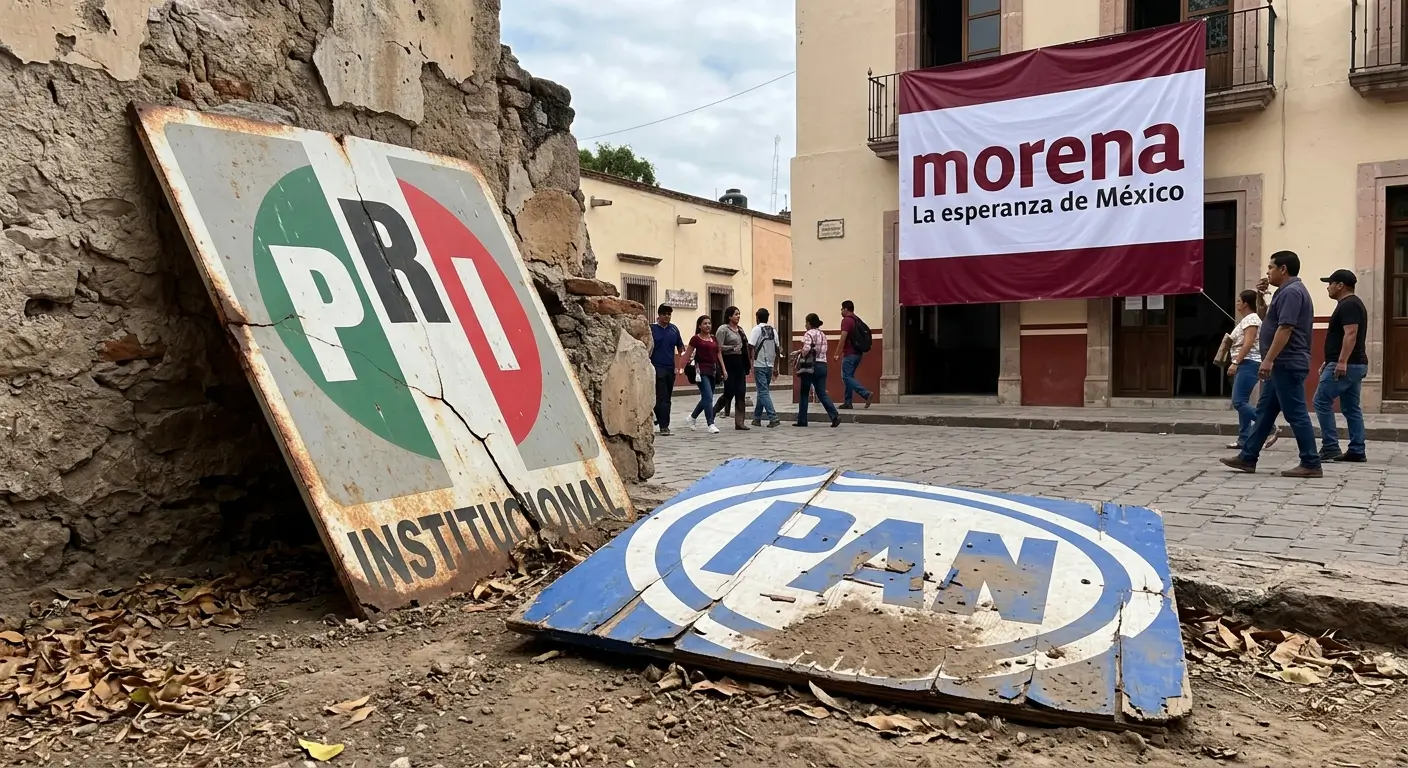 Damaged signs of the PRI and PAN political parties lying on the street in front of a building with a Morena party banner in Mexico.