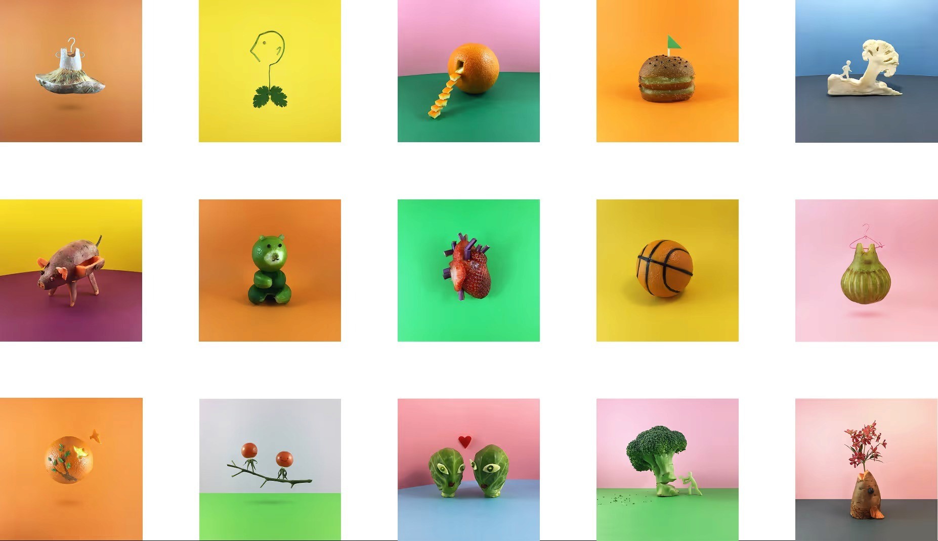 Grid of 15 colourful Mundane Matters food-sculpture photos on bright backgrounds, including a mushroom dress, an orange basketball, a strawberry heart, a broccoli figure and a carrot flower vase.