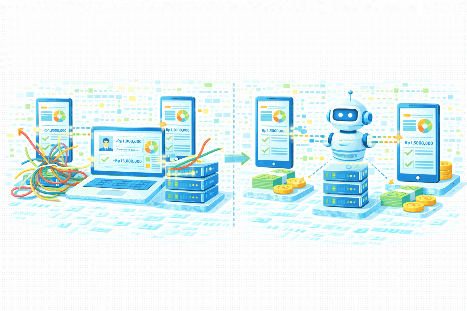 Ilustrasi transformasi dari integrasi data manual yang kompleks ke orkestrasi otomatis berbasis AI. Di sisi kiri, laptop dan smartphone menampilkan dashboard keuangan dengan nilai −Rp1.000.000 dan −Rp15.000.000, terhubung kabel kusut ke server, melambangkan integrasi manual yang rumit.  Di sisi kanan, robot AI berdiri di atas server yang rapi, mengalirkan data terverifikasi ke smartphone dengan nilai Rp1.500.000 dan Rp1.800.000 (checklist hijau). Panah hijau menunjukkan alur otomatis, sementara uang/koin merepresentasikan nilai bisnis. Visual menegaskan peralihan ke automated data processing, sinkronisasi real‑time, dan validasi yang lebih cepat, rapi, dan aman.