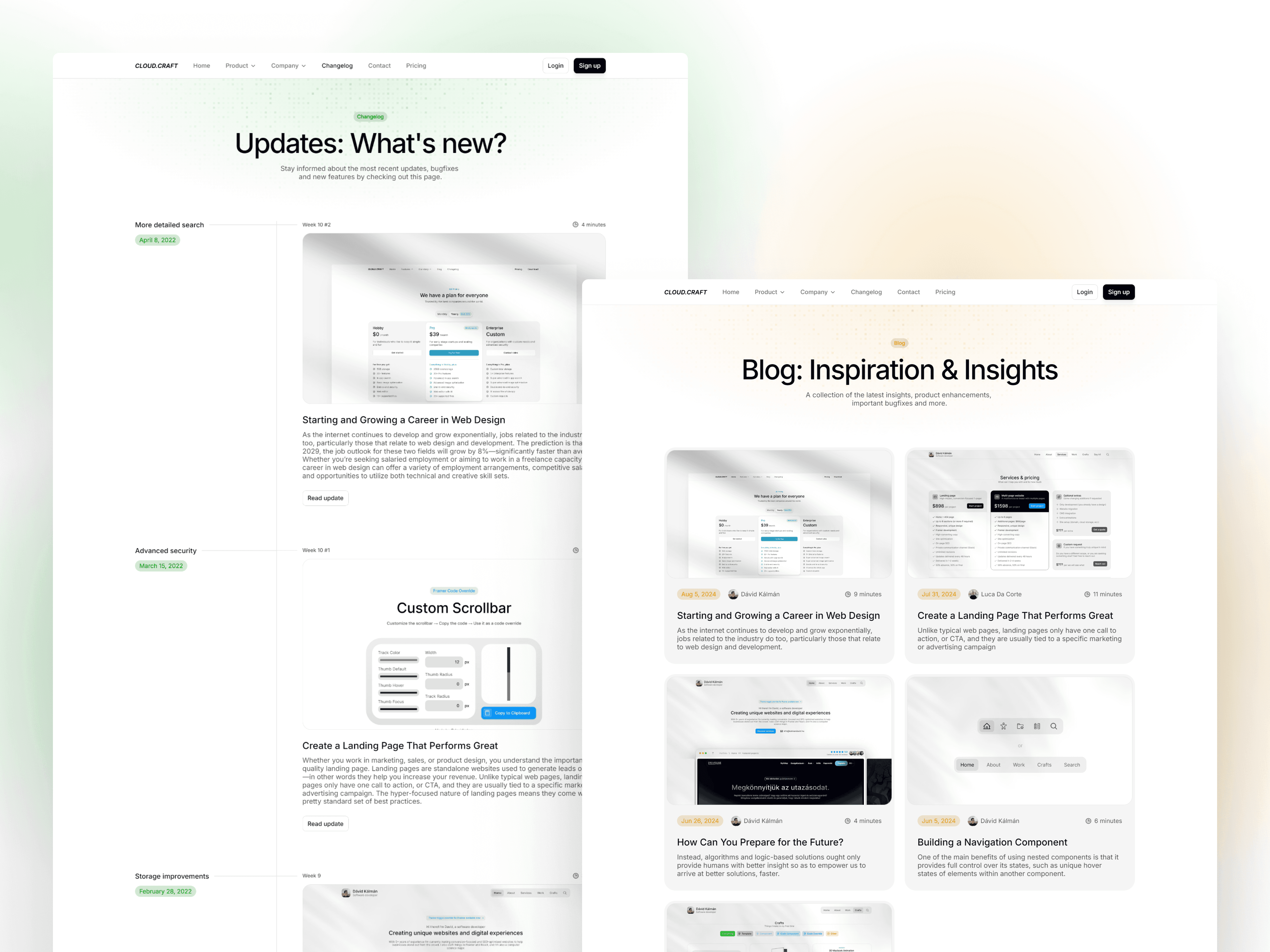 Cloudcraft - SaaS Framer template blog and updates page design