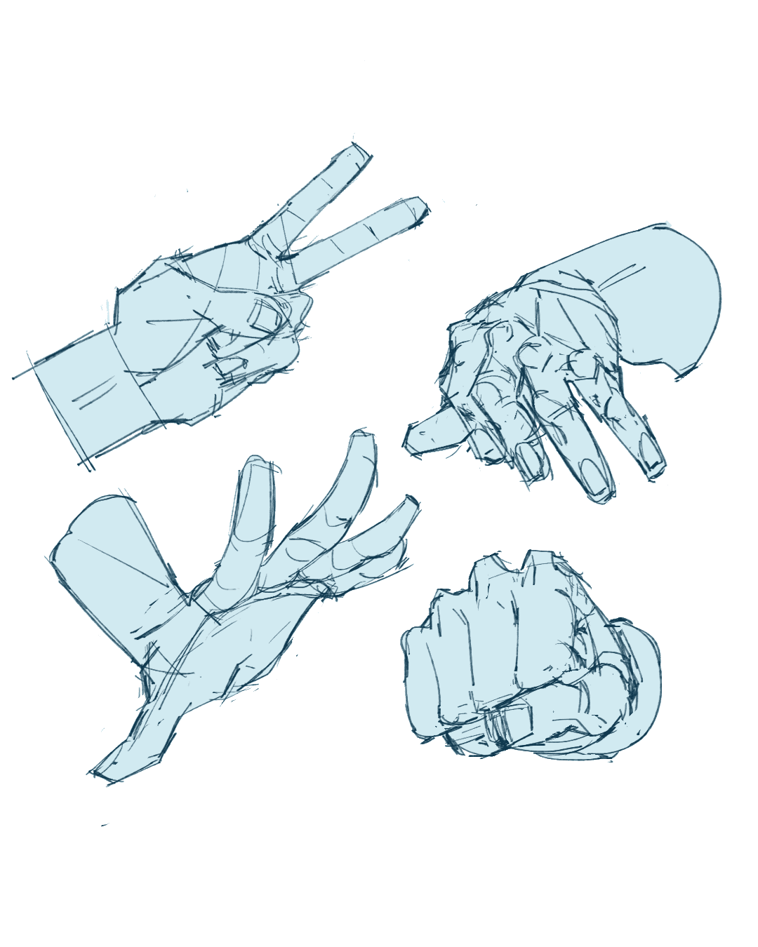 a collage of four hand-drawn hand gestures in energetic poses