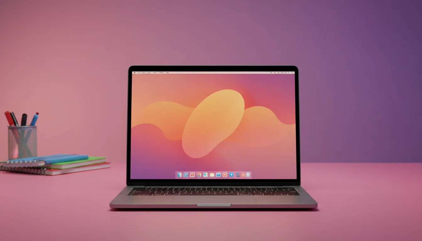 DSLR product photograph of a modern space gray laptop, centered on a vibrant pink desk surface and viewed straight-on. The screen is illuminated, displaying an abstract orange and yellow graphical wallpaper and a dock with colorful, abstracted UI elements. The background features a wall with soft studio lighting and a pink to purple gradient glow. Out-of-focus in the background are modern desk accessories, including a pen holder and colorful notebooks, creating a shallow depth of field. The focus is sharp on the laptop's matte metallic texture.