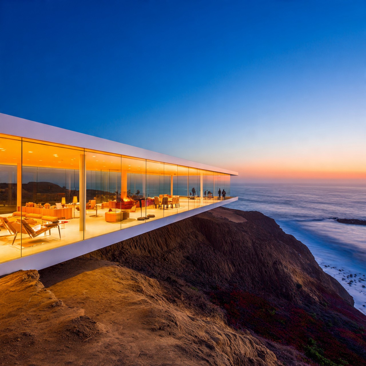 Modern glass house cantilevered over a cliff at sunset, with warm interior lighting. Ocean and horizon create a serene, dramatic ambiance.