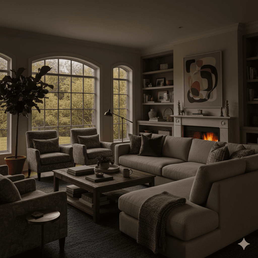 Modern indoor space with large glass doors, lush greenery, and a cozy seating area visible beyond.