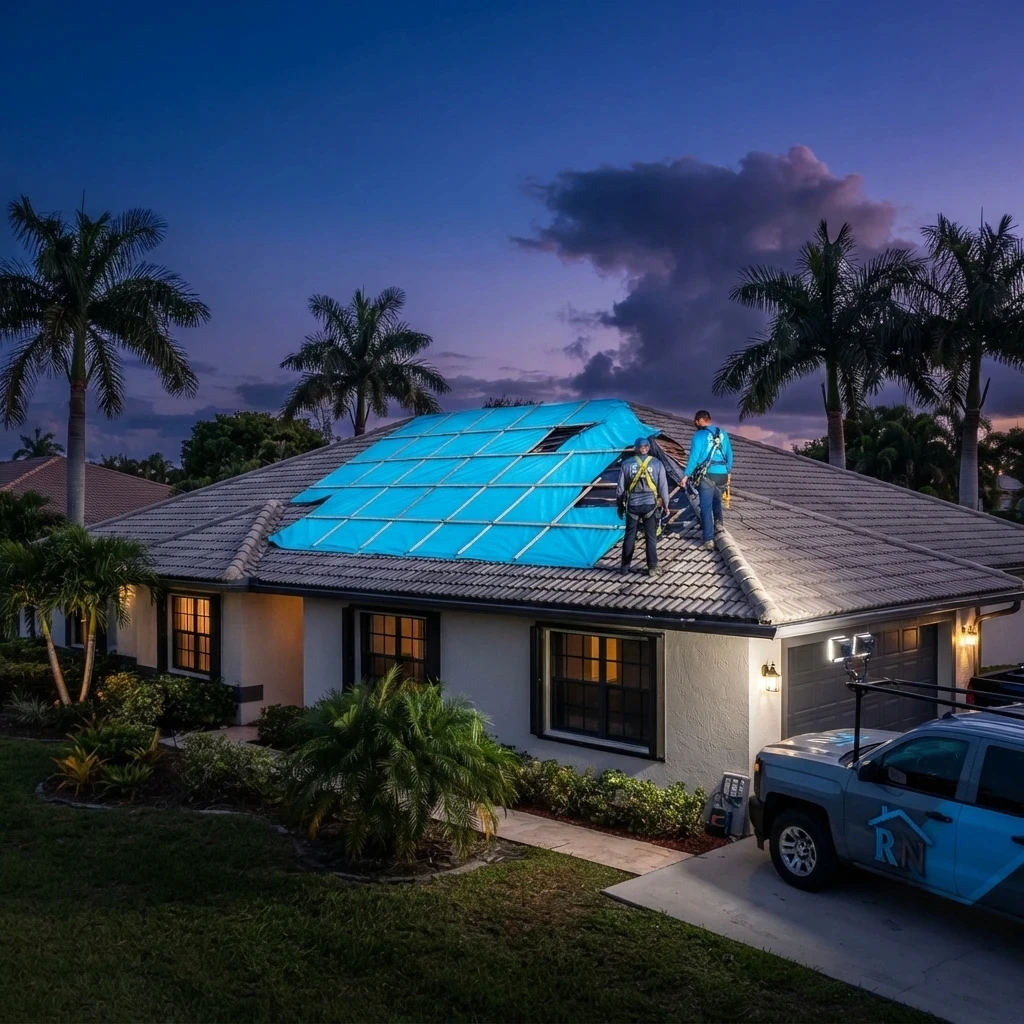 Emergency tarp secured over storm-damaged roof section on a South Florida home at dusk