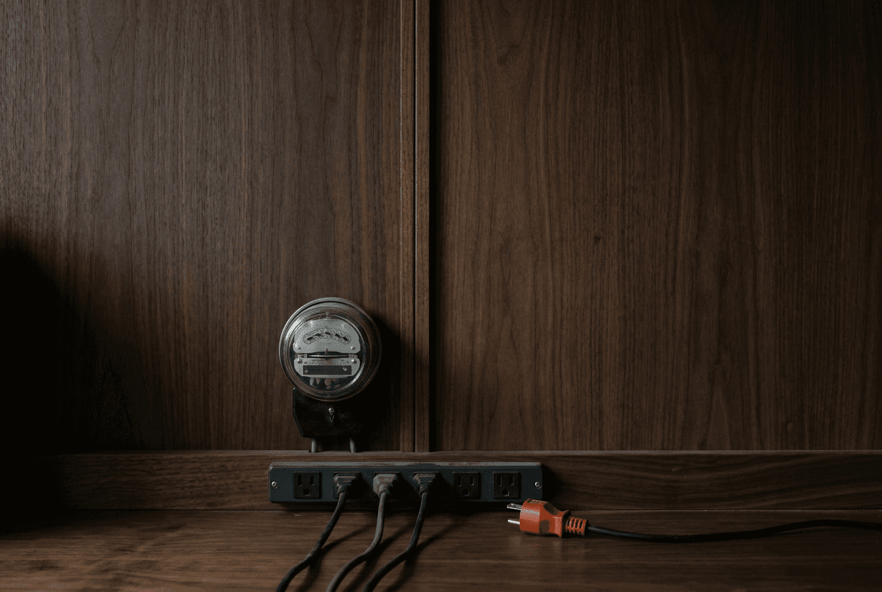 Ein alter Stromzähler an einer Nussbaumwand, darunter drei Stecker, einer ist gezogen.