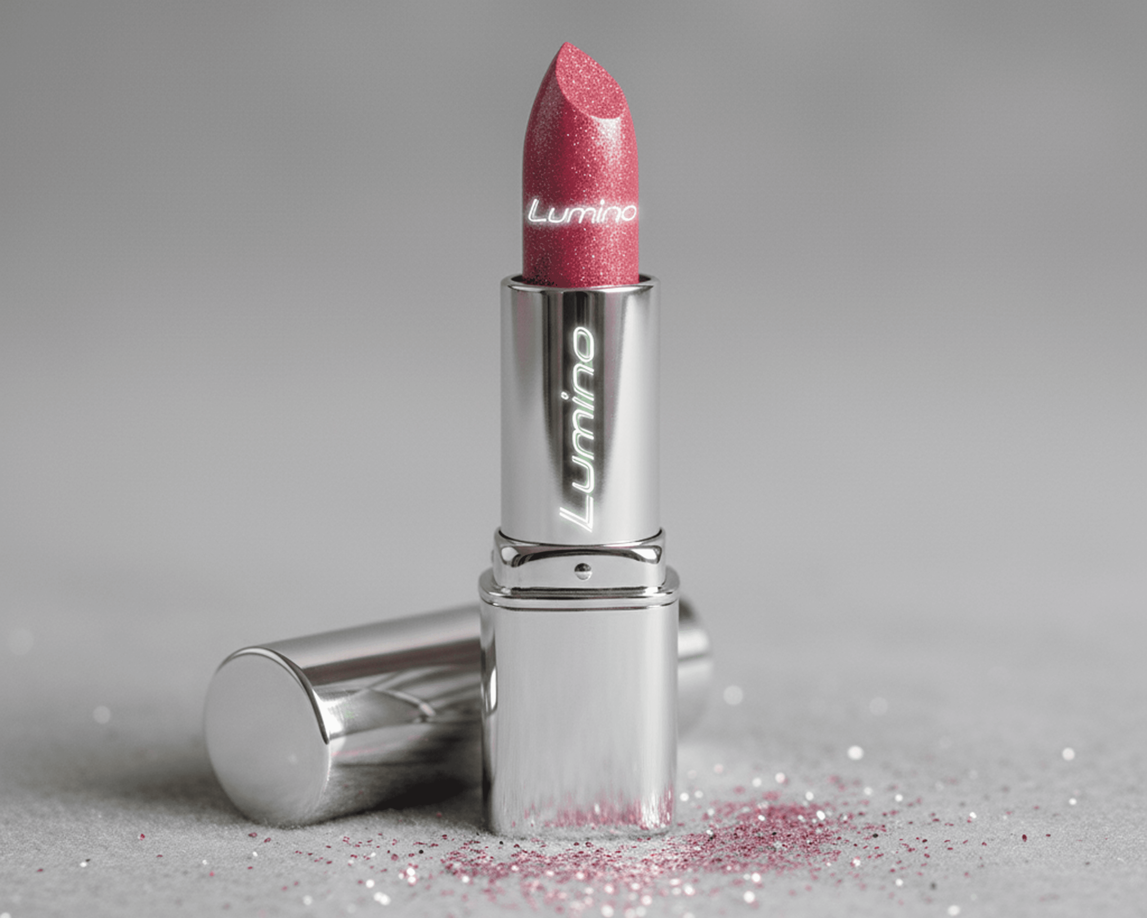 Pink glitter lipstick in metallic 'Lumino' casing with scattered glitter