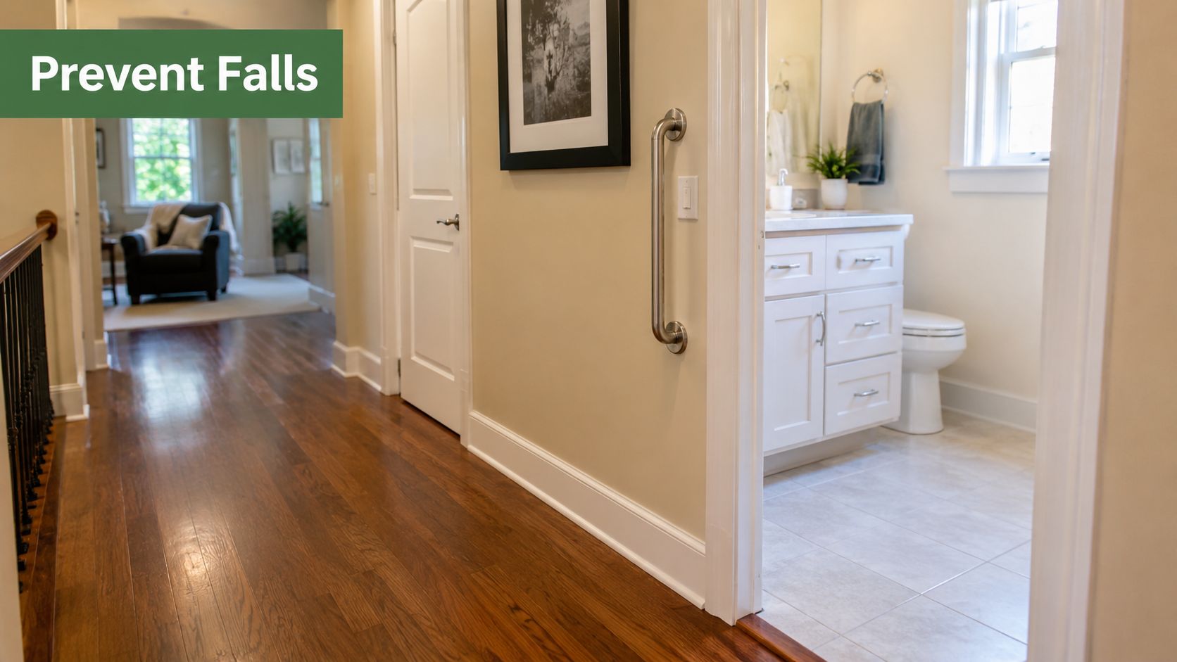 A hallway featuring a grab bar installed on the wall for accessibility and fall prevention support.