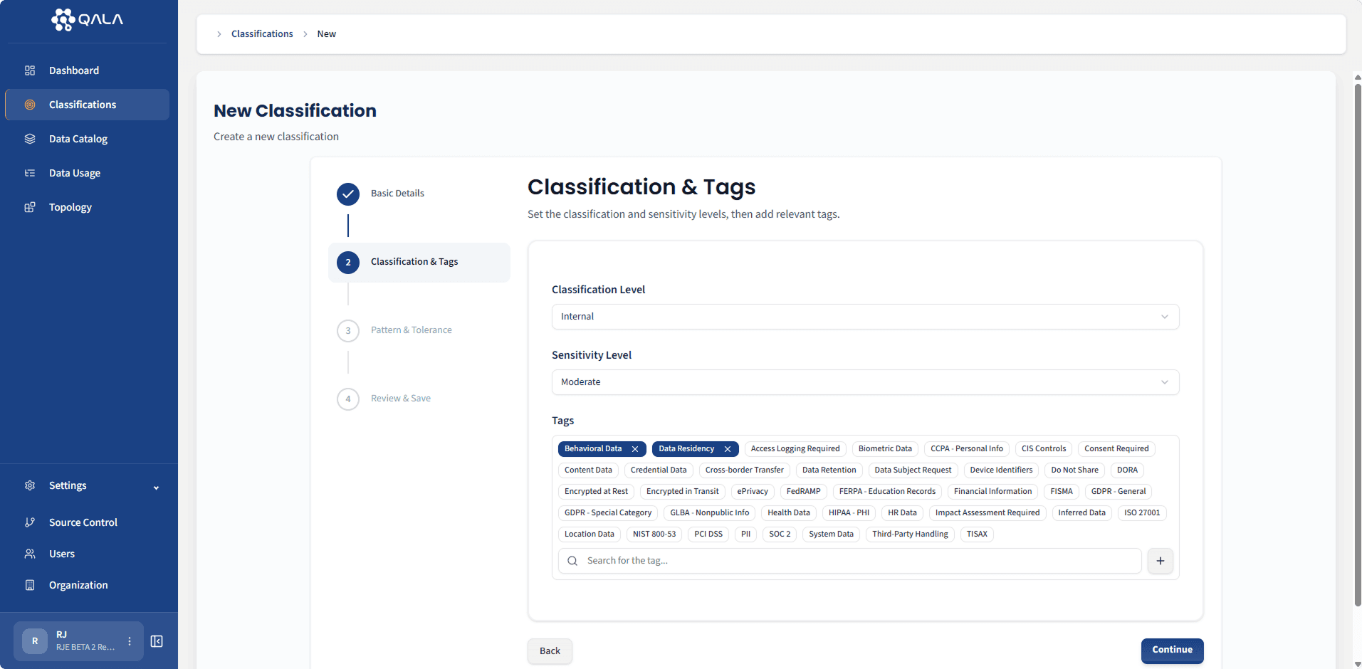Qala classification dashboard with automated policy enforcement settings. Enforces security rules in real time across cloud, on-prem, and hybrid environments, blocking unapproved data transfers, reducing human error, and strengthening compliance.