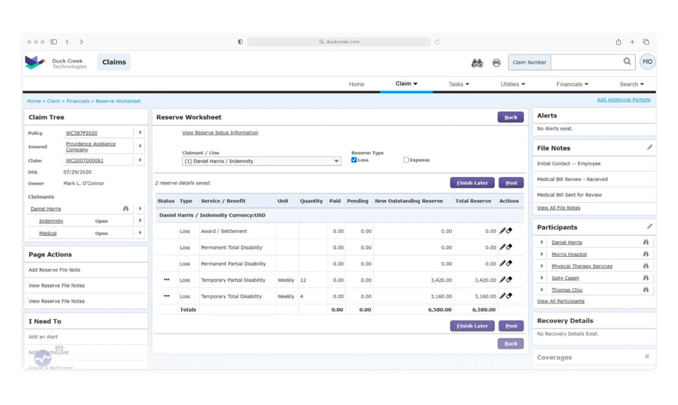 Duck Creek Technologies' claims management software displaying a reserve worksheet. The interface shows a structured claim tree on the left, including policy details, claimant information, and case status.