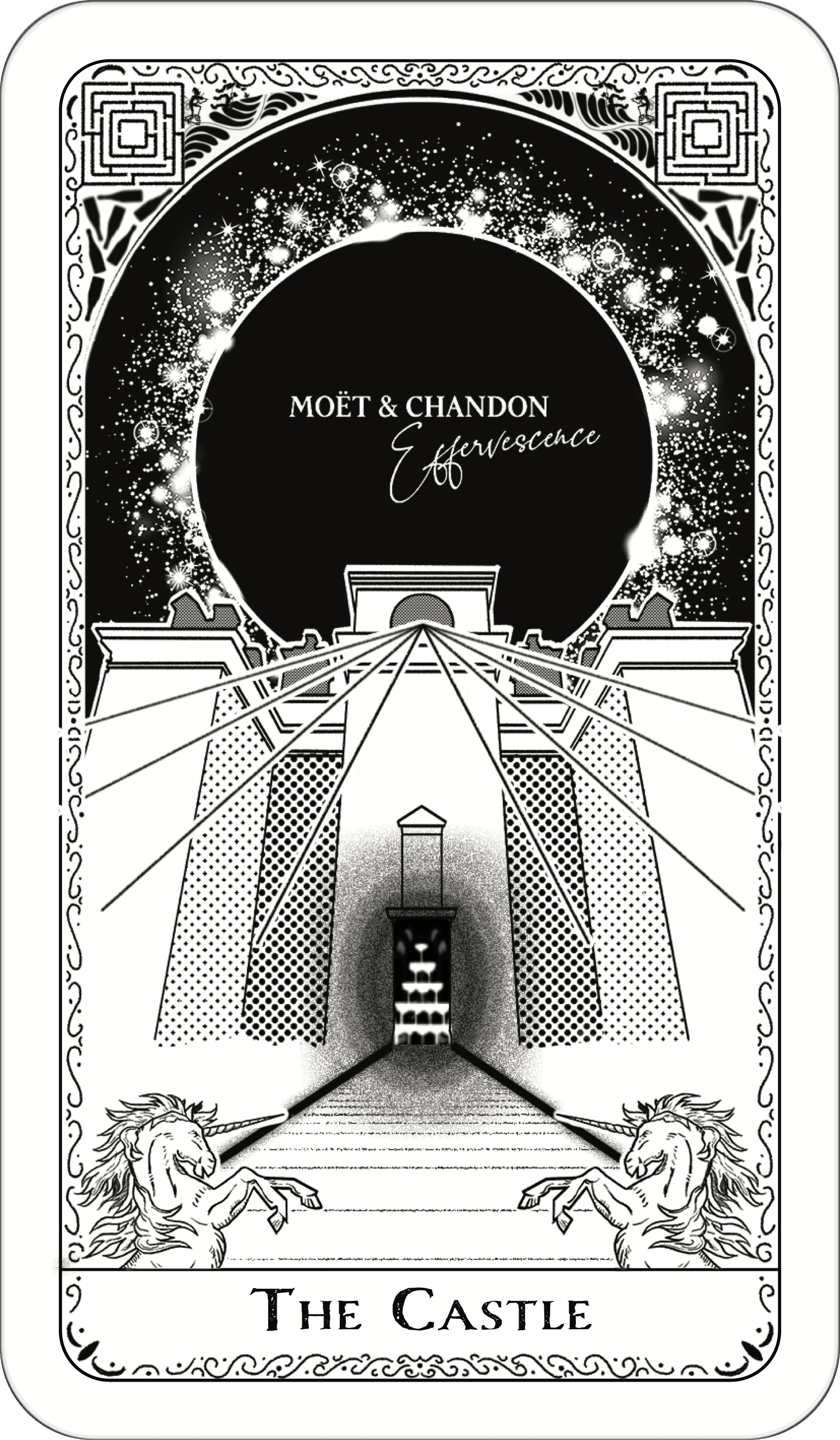 White Moët & Chandon tarot-style guest card with an inverted castle illustration