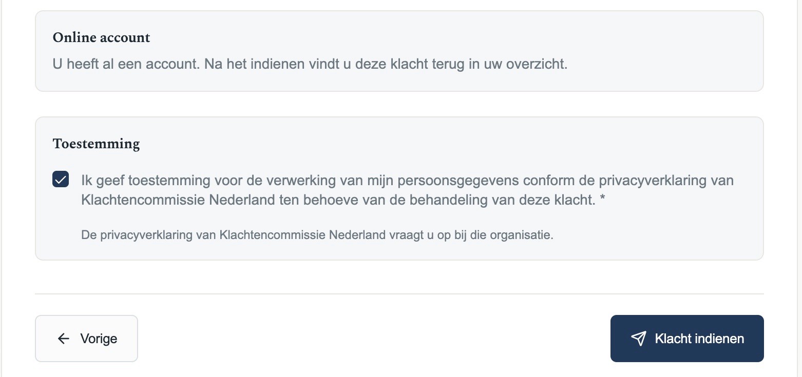 Onderaan stap 6 van 6 Bevestiging: Online account, de aangevinkte toestemming voor de verwerking van de persoonsgegevens en de knop Klacht indienen.