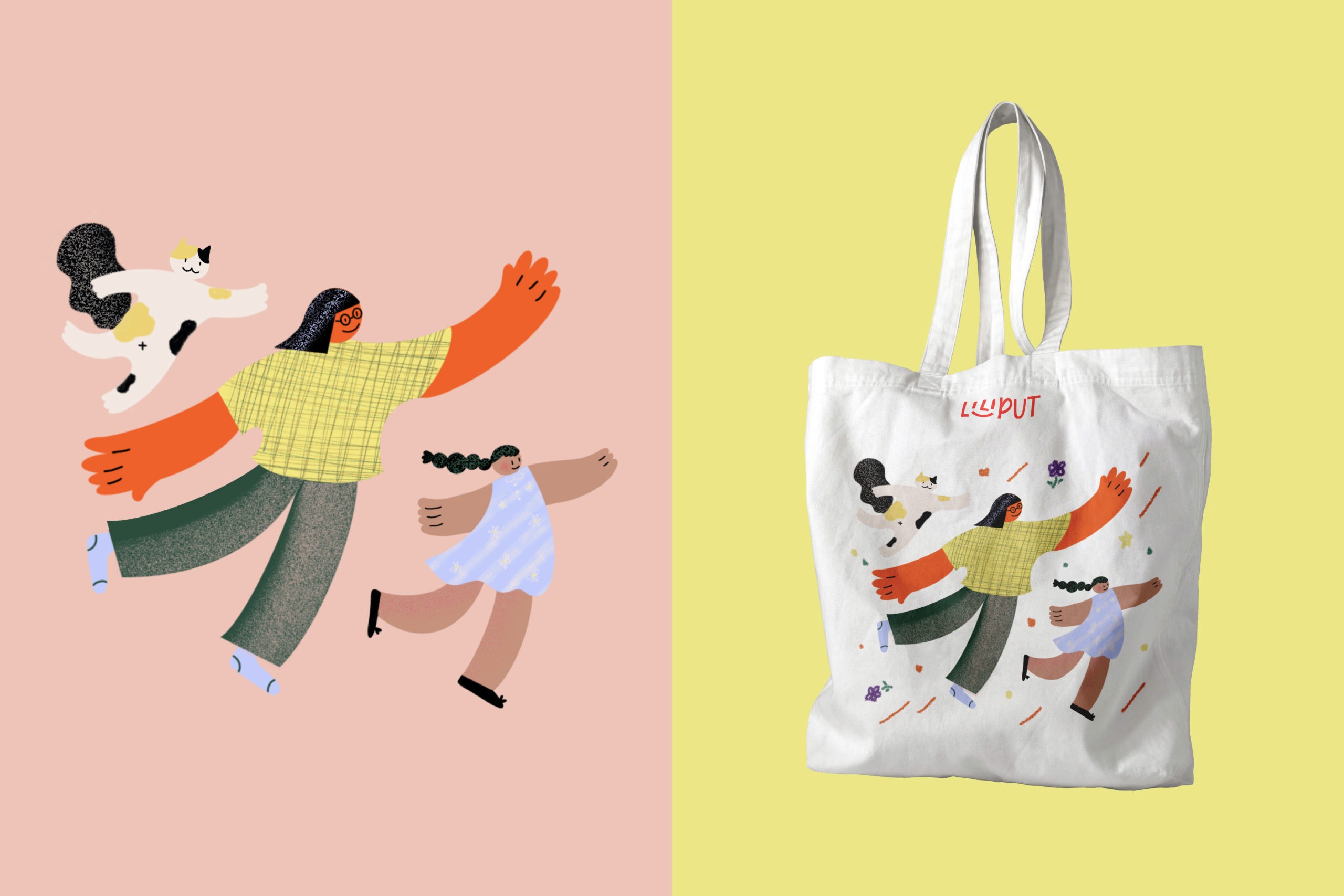 The image is divided into two sections. On the left, there are two stylized figures against a light pink background. The figure on the left wears a yellow plaid shirt and gray pants, with orange arms and legs. The figure on the right wears a light blue dress with darker blue details and has black hair. The figures appear to be in motion. On the right side of the image, there is a white tote bag against a light yellow background. The bag features a design of two stylized figures in yellow and orange shirts and dark green pants, depicted in a running or jumping pose. Small colorful flowers and dots are scattered around the figures. The word “LYPUT” is printed in red letters on the bag’s front.
