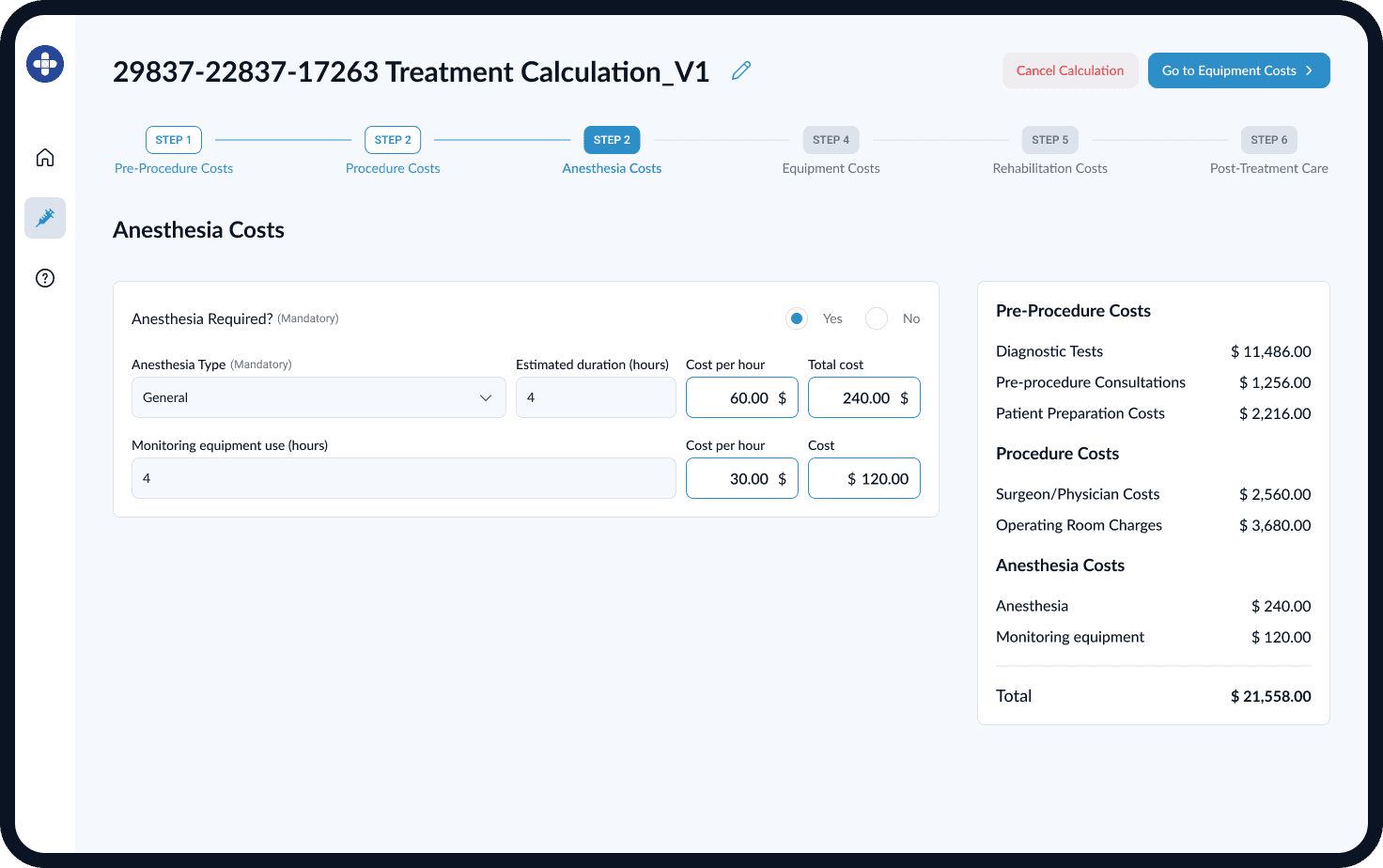 Treatment Calculation - Anesthesia costs