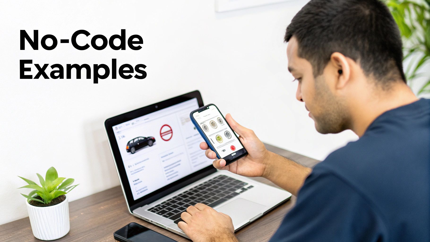 Man interacting with a no-code platform on a laptop and smartphone, showcasing development examples.
