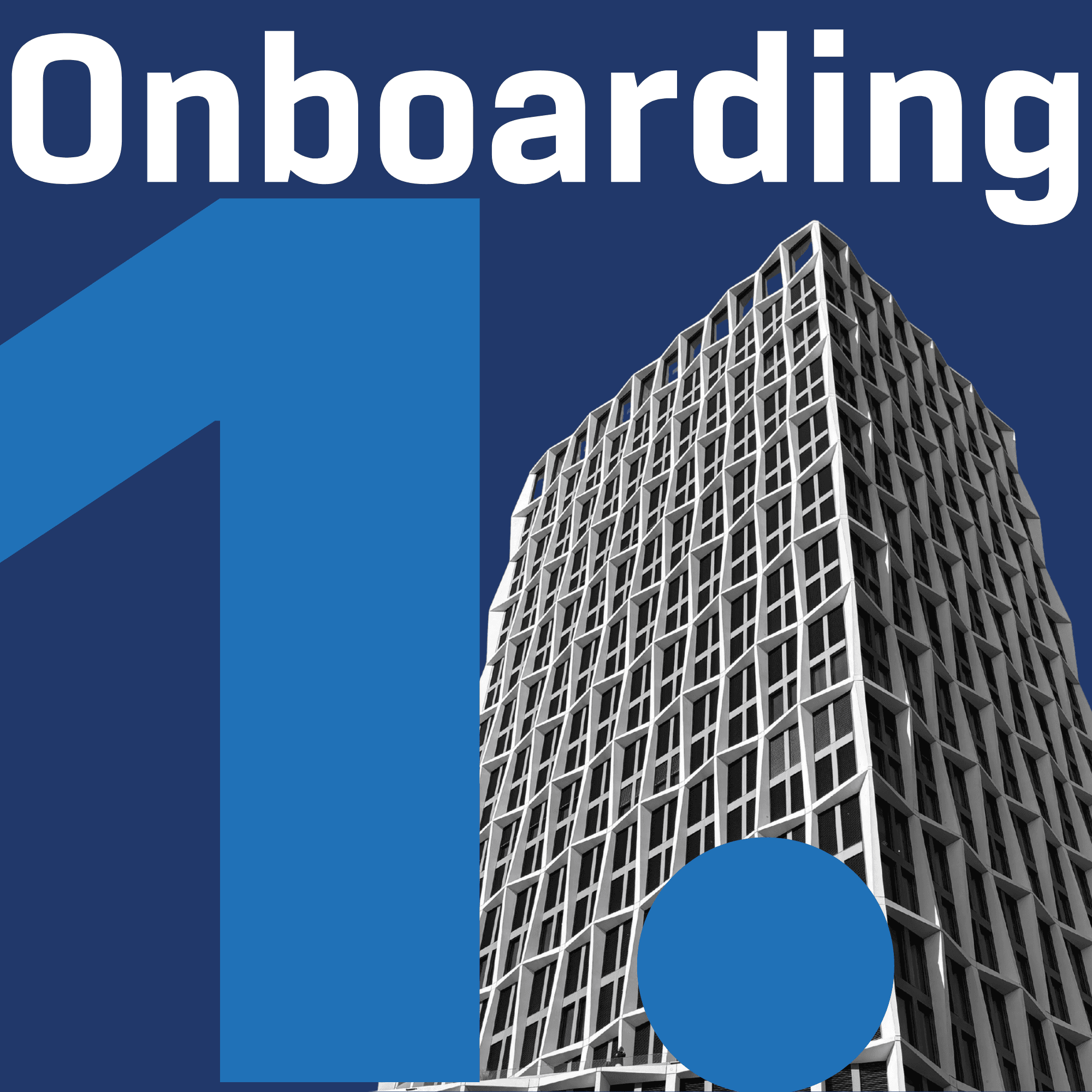 Infografik zur Phase 1 „Onboarding“: Groß dargestellte Ziffer „1.“ mit einem Hochhaus im Hintergrund.