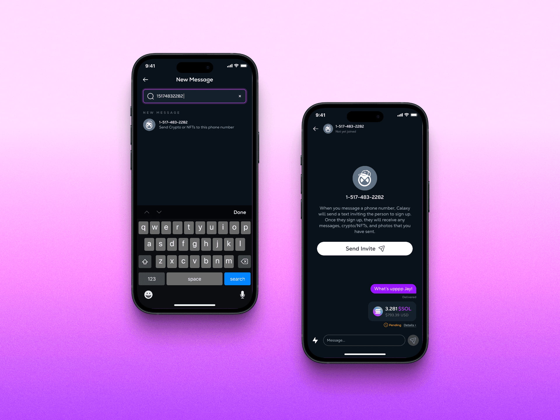 New message flow for sending crypto to a phone number outside the Calaxy platform, demonstrating how users can text blockchain assets to non-users via mobile messaging.