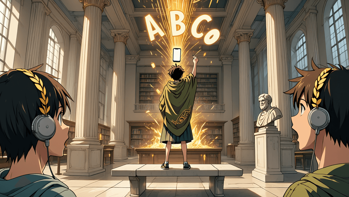 Triumphant student winning a study tournament on a marble bench, golden sparks swirling into giant letters A, B, C above the glowing phone