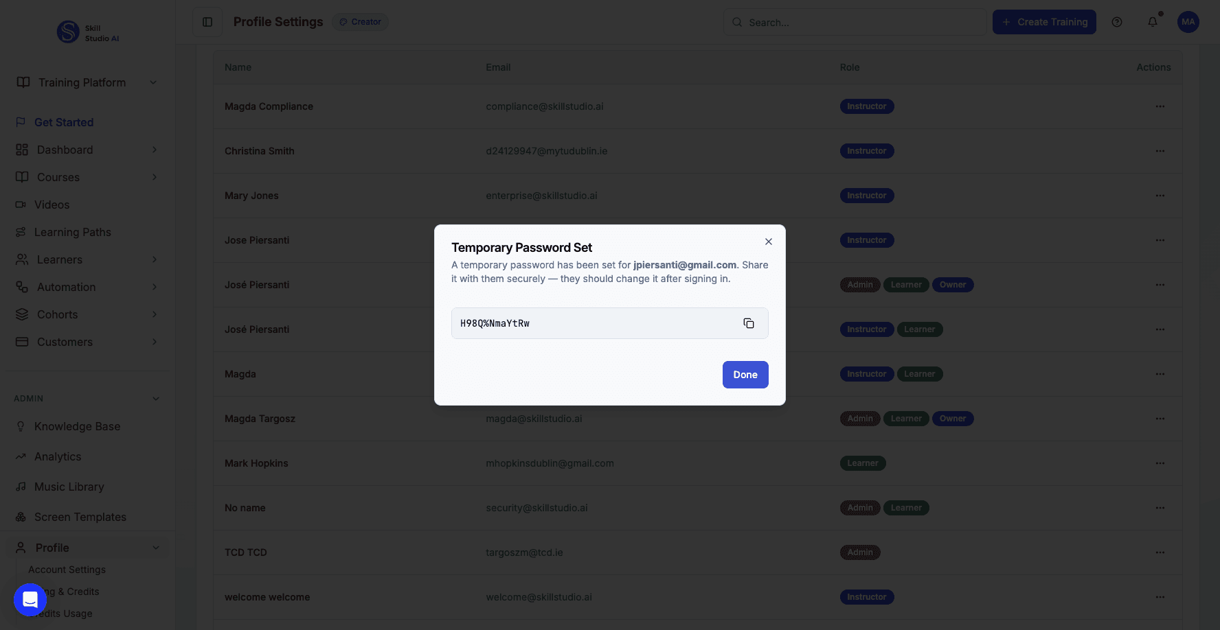 Click Done to confirm the password reset and close the dialog.