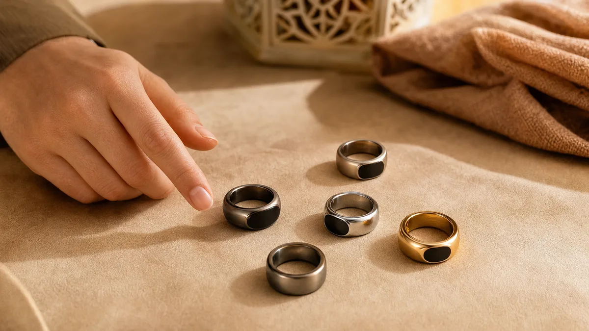 A hand gestures toward several warm-toned smart tasbih ring models on a soft surface
