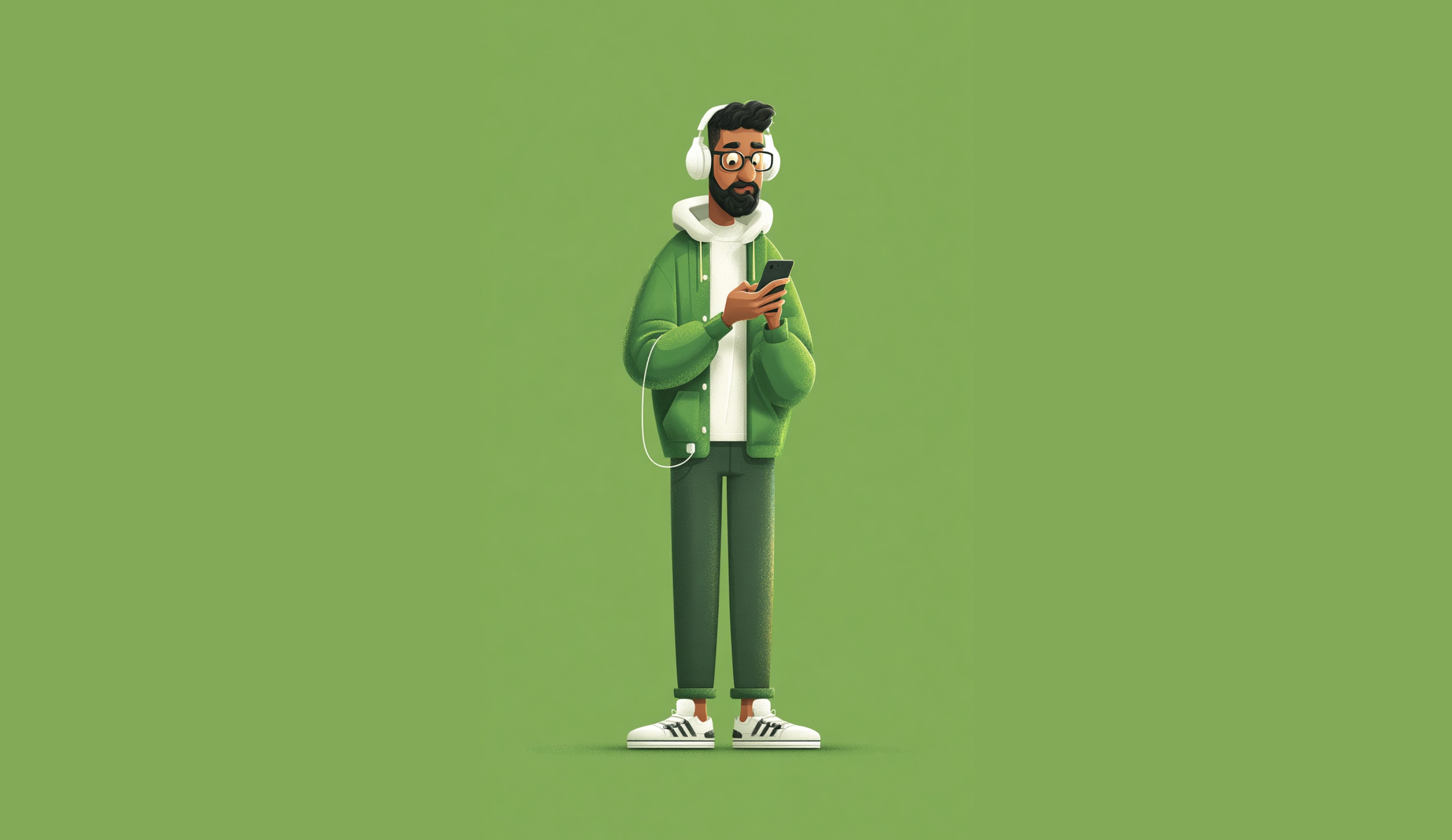 Illustration of a man looking at phone with headphones